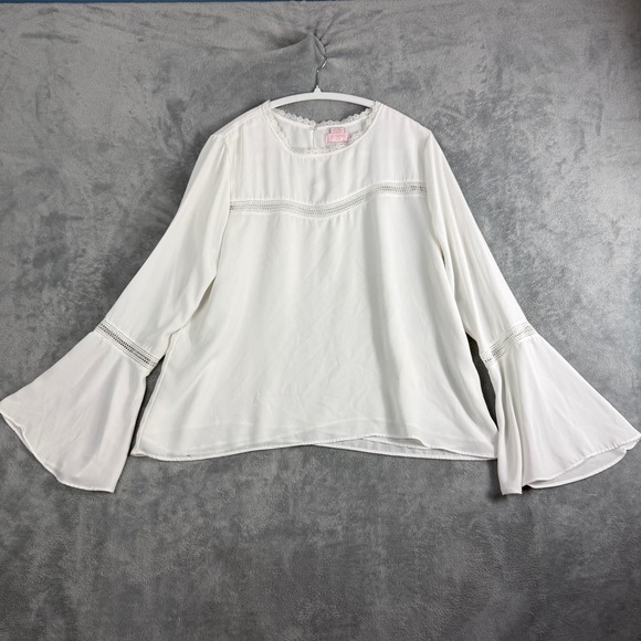 St. Tropez West Tops - St. Tropez West Womens Large White Blouse Bell Sleeve Lace Trim Boho Top